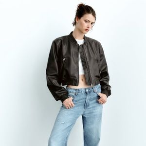 WASHED OUT BLACK BOMBER LEATHER JACKET BY ZARA